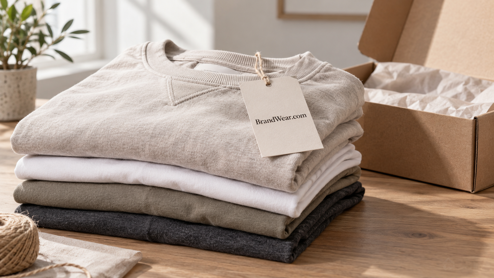Folded neutral sweatshirts with a BrandWear.com garment tag beside a kraft box