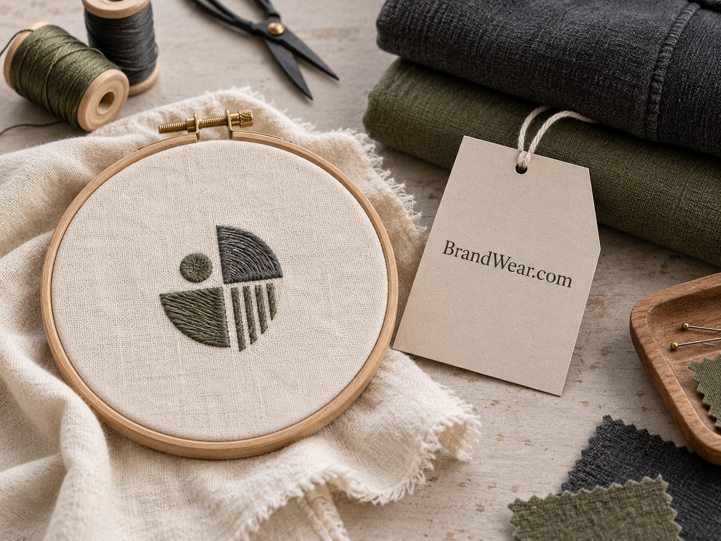 Embroidery hoop, fabric swatches and a BrandWear.com tag