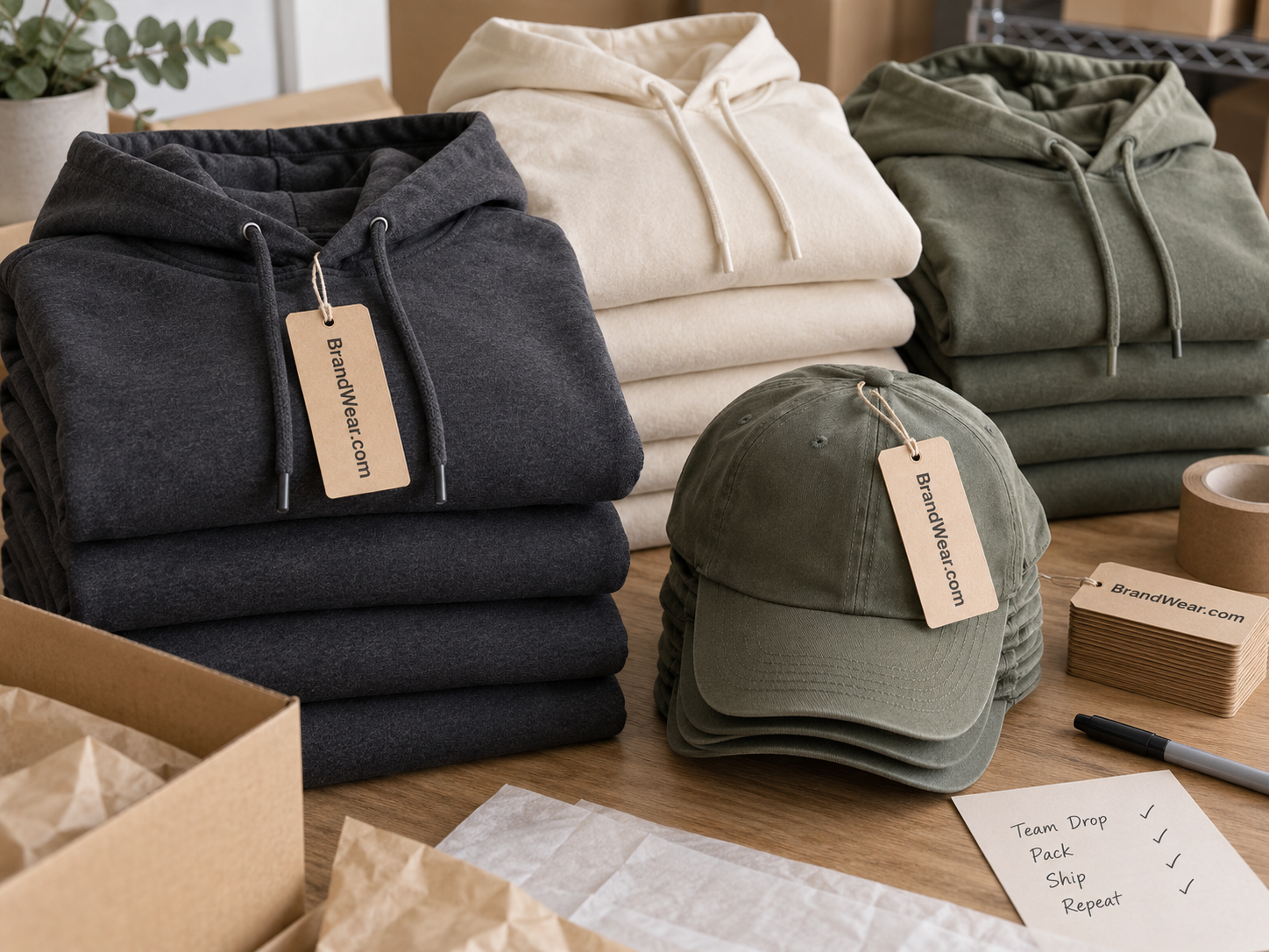 Folded team hoodies and a cap with garment tags
