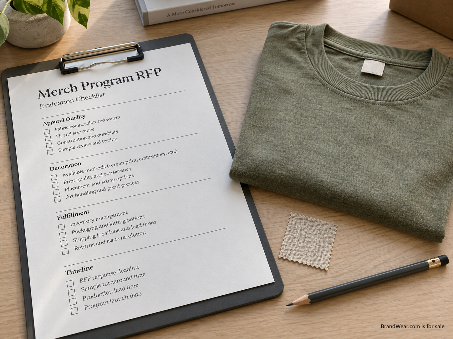 Merch program request form beside an olive garment