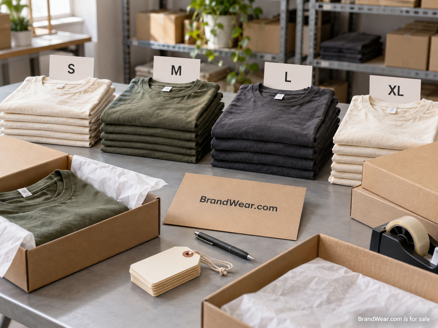 Folded apparel and kraft boxes organized around a clipboard
