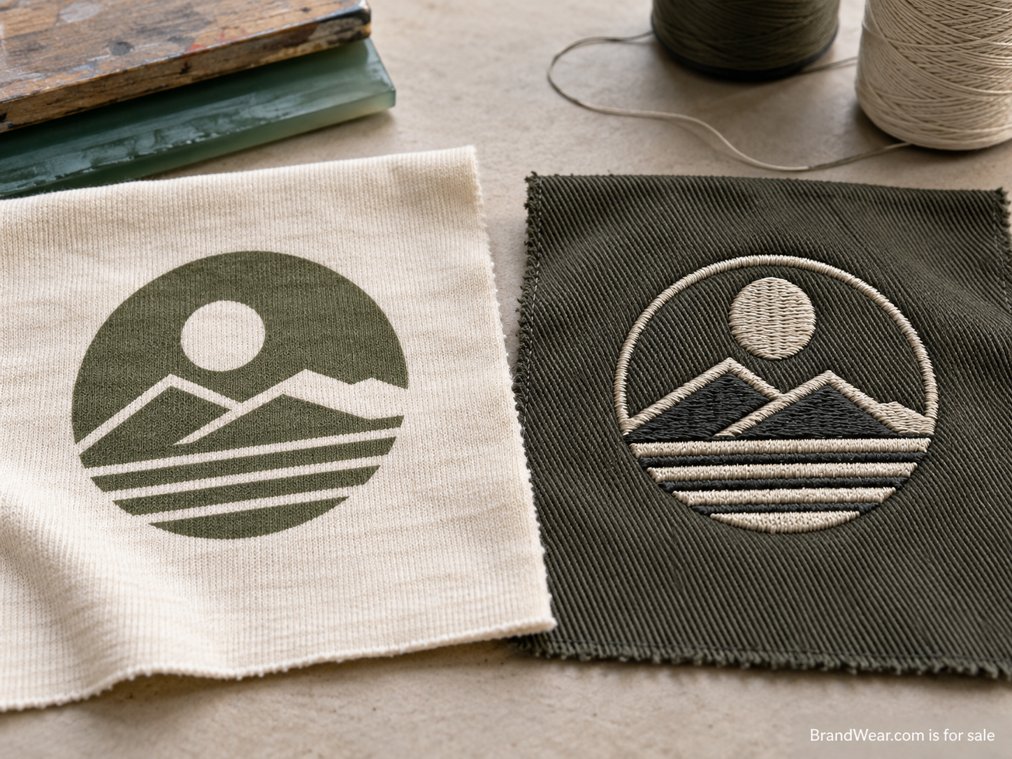 Olive embroidery and charcoal print samples on cream cotton